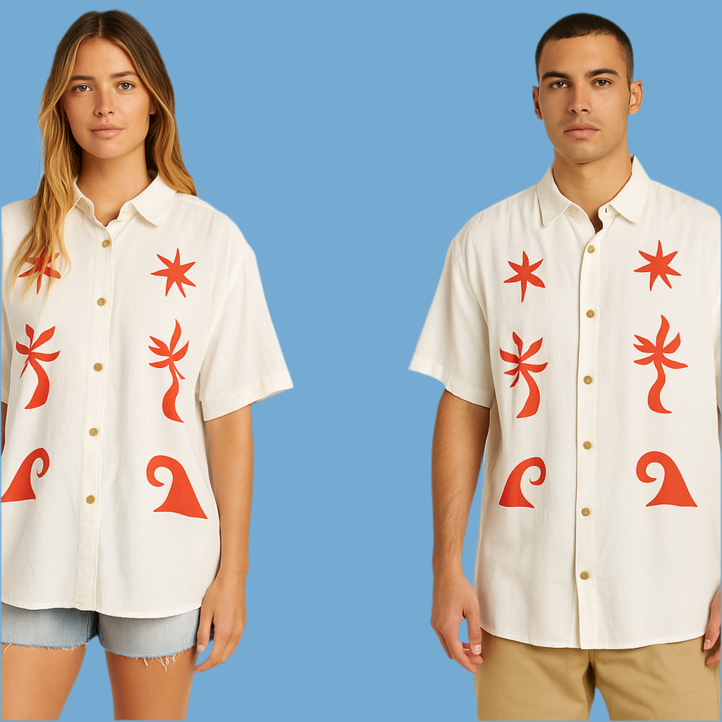 Unisex White Button-Up Shirt with Red Tribal Graphic Accents