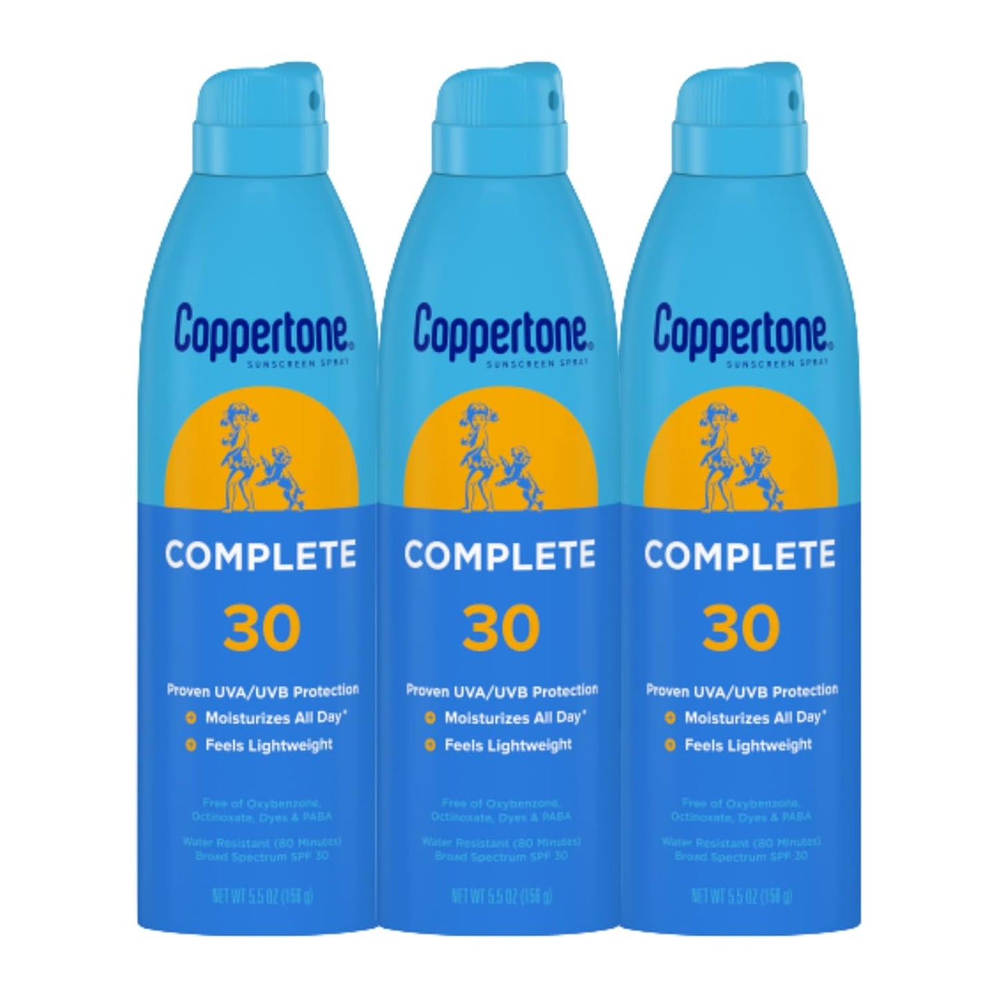 Coppertone Complete Sunscreen Spray SPF 30, Spray Sunscreen for Body, Lightweight, Water Resistant, 5.5 Oz, Pack of 3