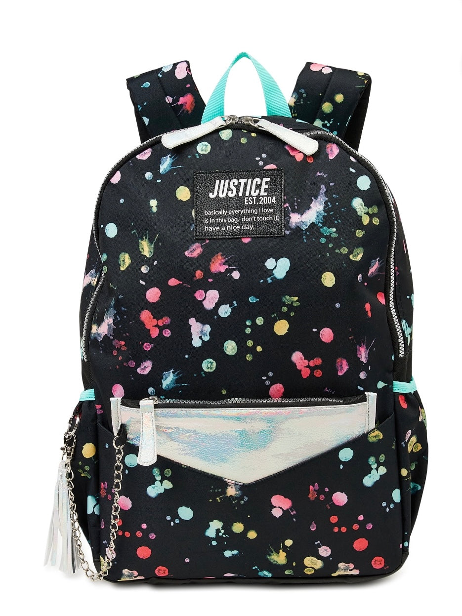 Justice Girls Backpack with Wristlet Pouch Black Splatter