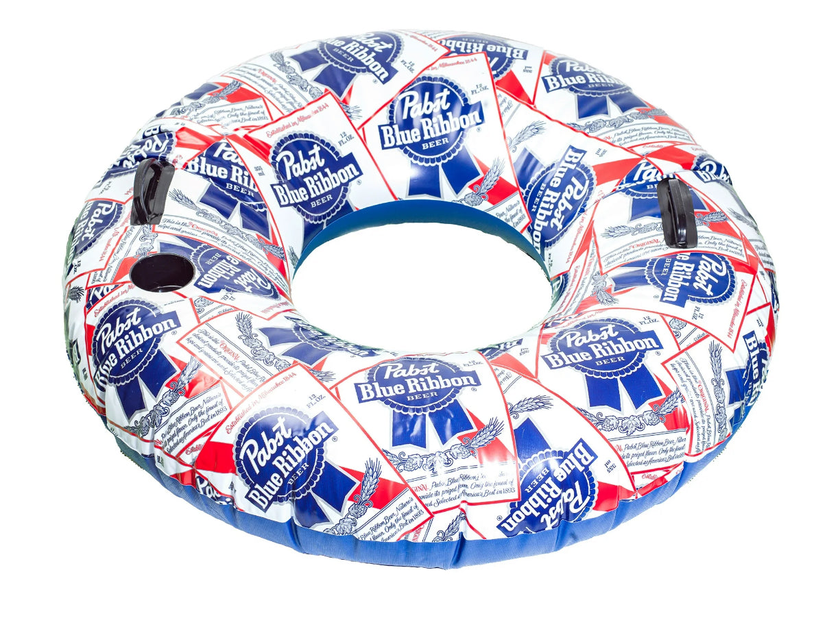Pabst Blue Ribbon Inflatable Swim Tube Adult Ring Float for Pools Rivers Lakes, Built-in Handles and Cup Holder