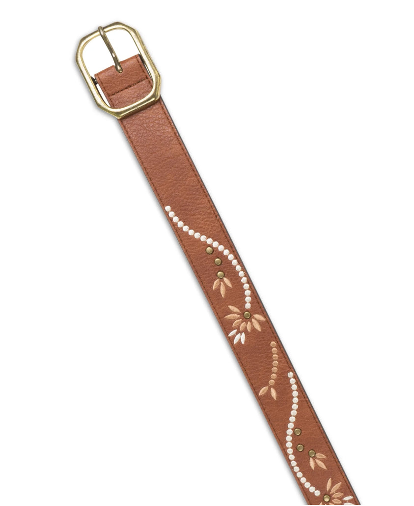 Time and Tru Women's Embroidered Faux Leather Belt, Brown