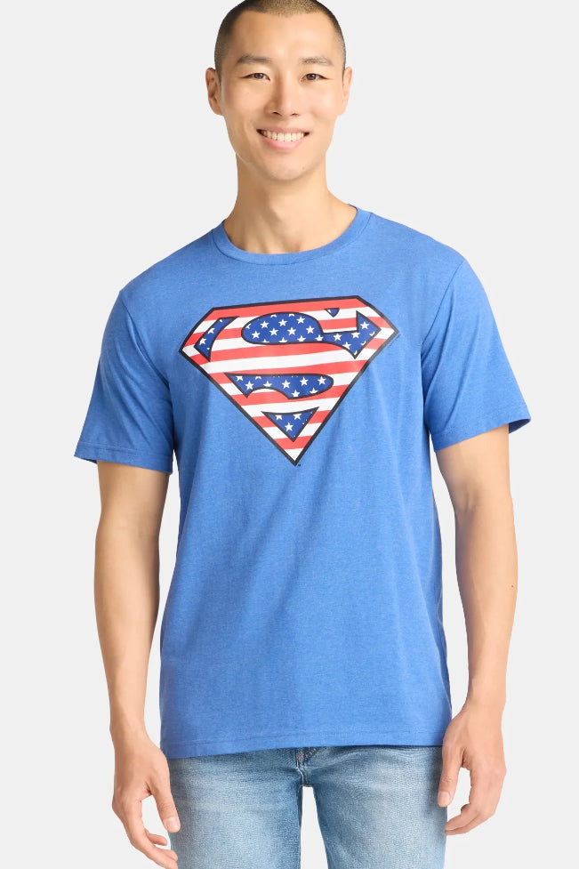 Superman, Men's & Big Men's, Graphic Tee Shirt Stars and Stripes Logo Patriotic Americana July 4th.
