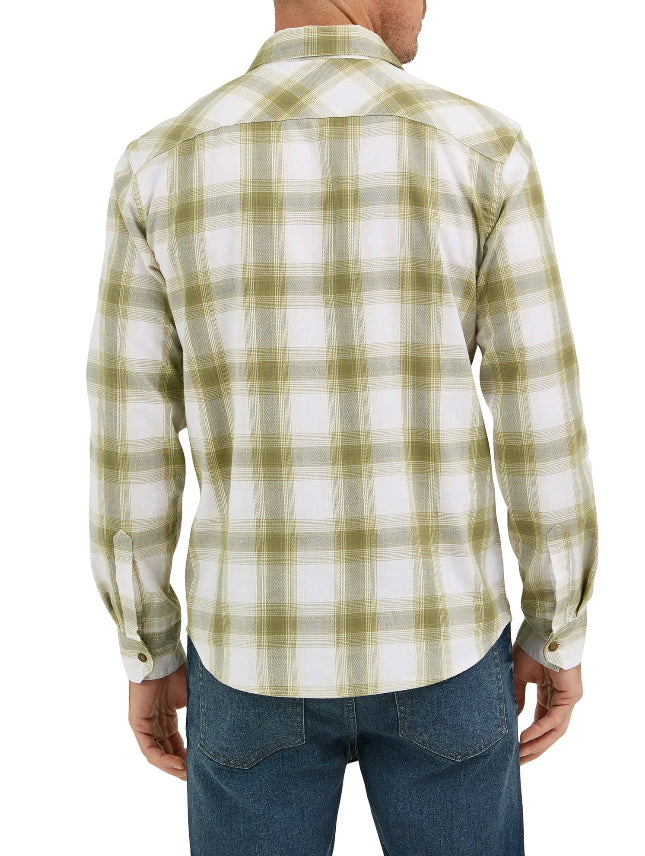 Wrangler® Men's Slim Fit Long Sleeve Woven Twill Shirt with Sunglasses Cleaner.