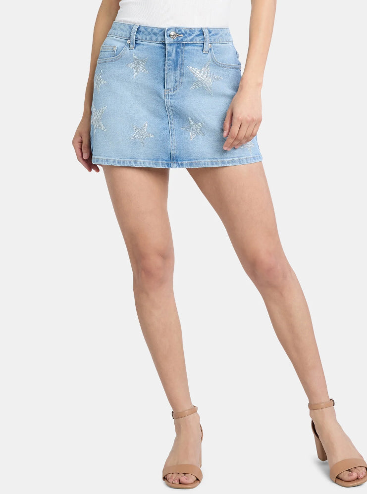 Madden NYC Women's Denim Rhinestone Skirt
