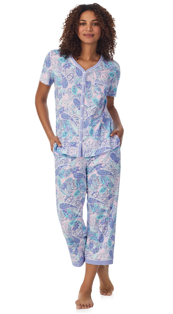 Aria Short Sleeve 100% Cotton Cropped Pajama Set with Pockets.