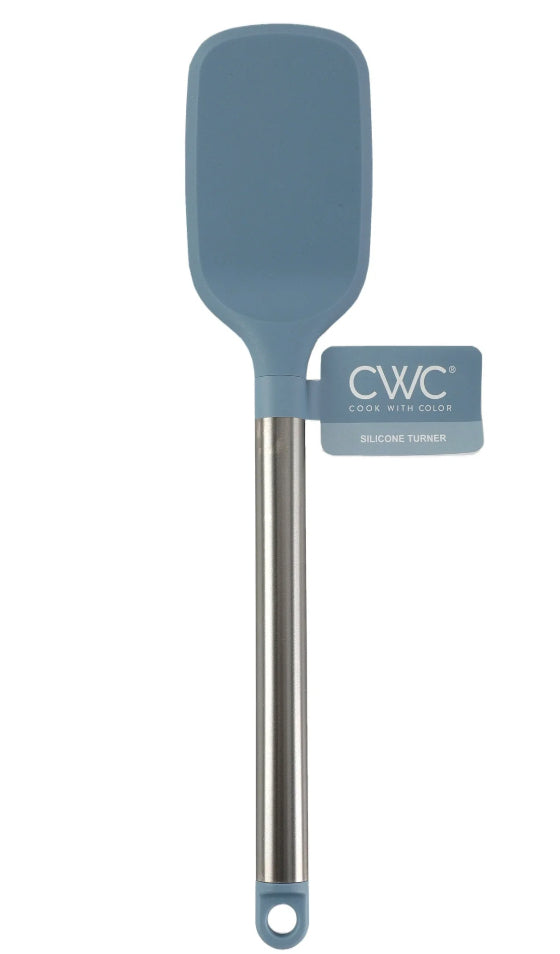 Cook With Color blue 12inch silicone turner is a key item to have in your Kitchen. This turner is made with durable food safe silicone and is meant to last.