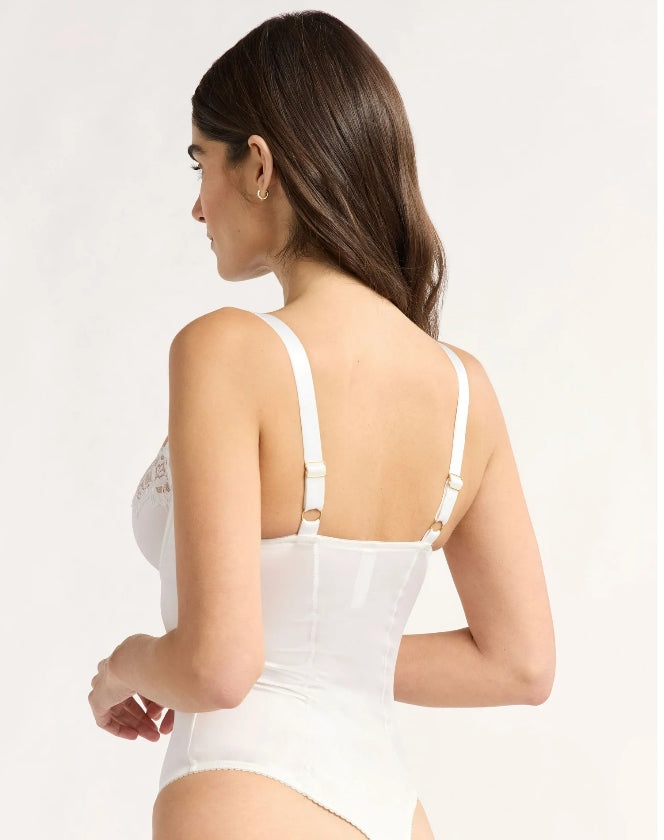 Joyspun Women's Bridal Satin Bodysuit with Lace Trim.