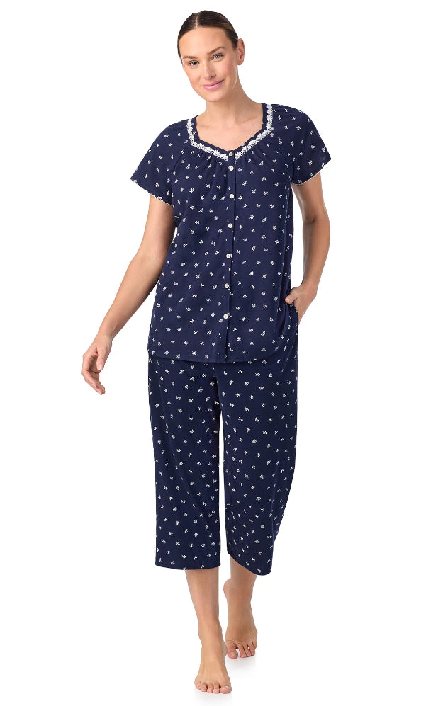 Aria Women's Short Sleeve 100% Cotton Cropped Pajama Set with Pockets.