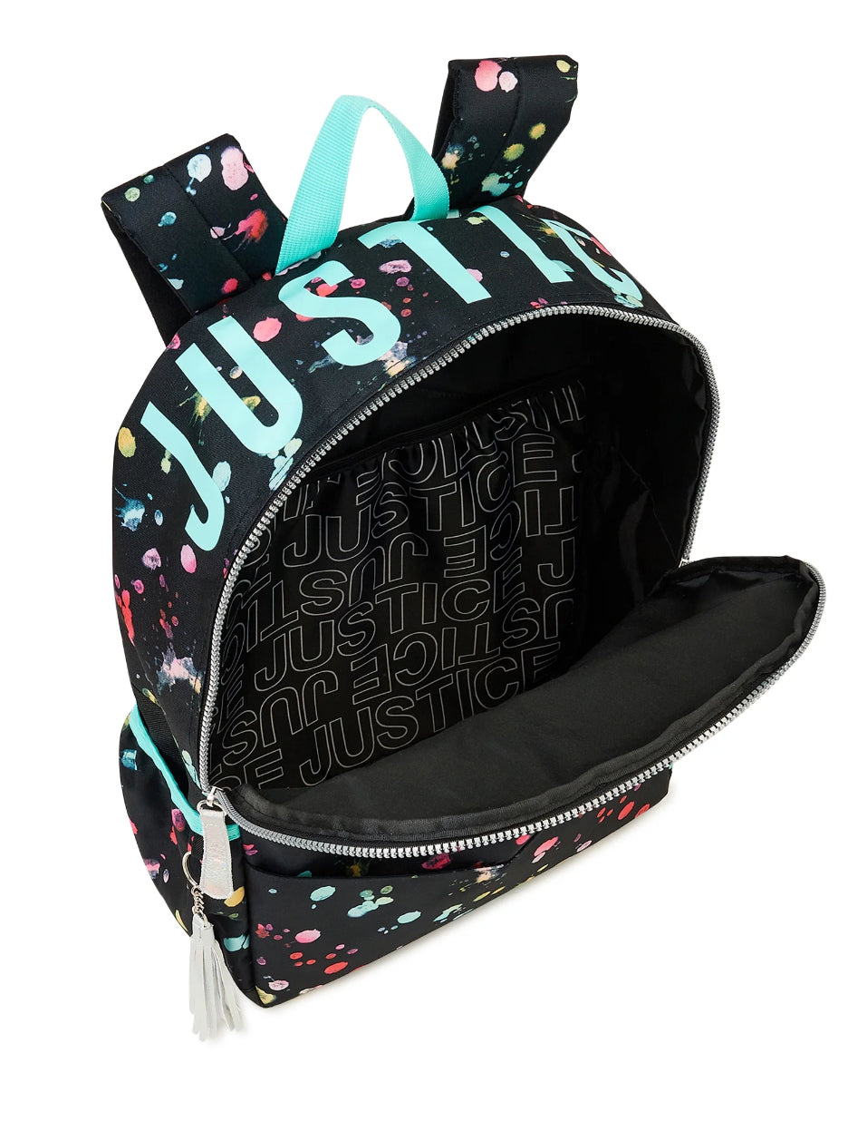 Justice Girls Backpack with Wristlet Pouch Black Splatter