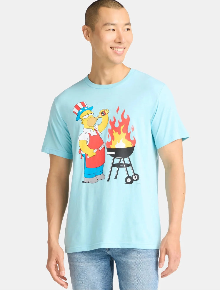 Simpons, Men's & Big Men's, Graphic Tee Shirt, Homer Griller Patriotic Americana July 4th.