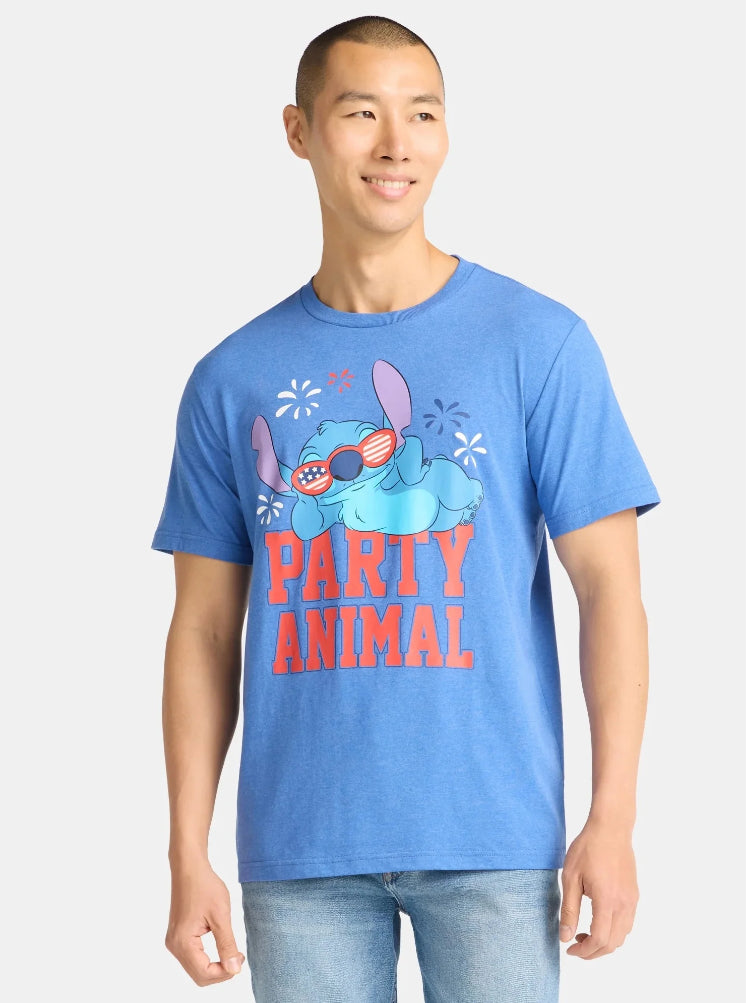 Lilo & Stitch, Men's & Big Men's Graphic T-Shirt, Patriotic Americana July 4th Party Animal.