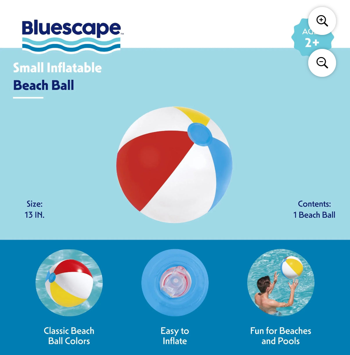 Bluescape Multi-Color Inflatable Pool and Beach Ball 13", Child Unisex, Ages 2+
