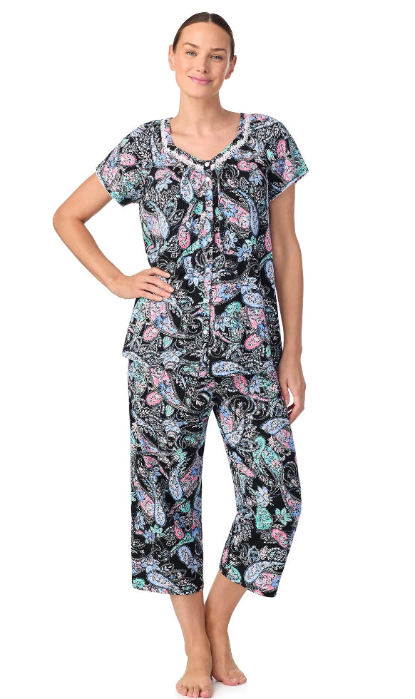 Aria Women's Short Sleeve 100% Cotton Cropped Pajama Set with Pockets.