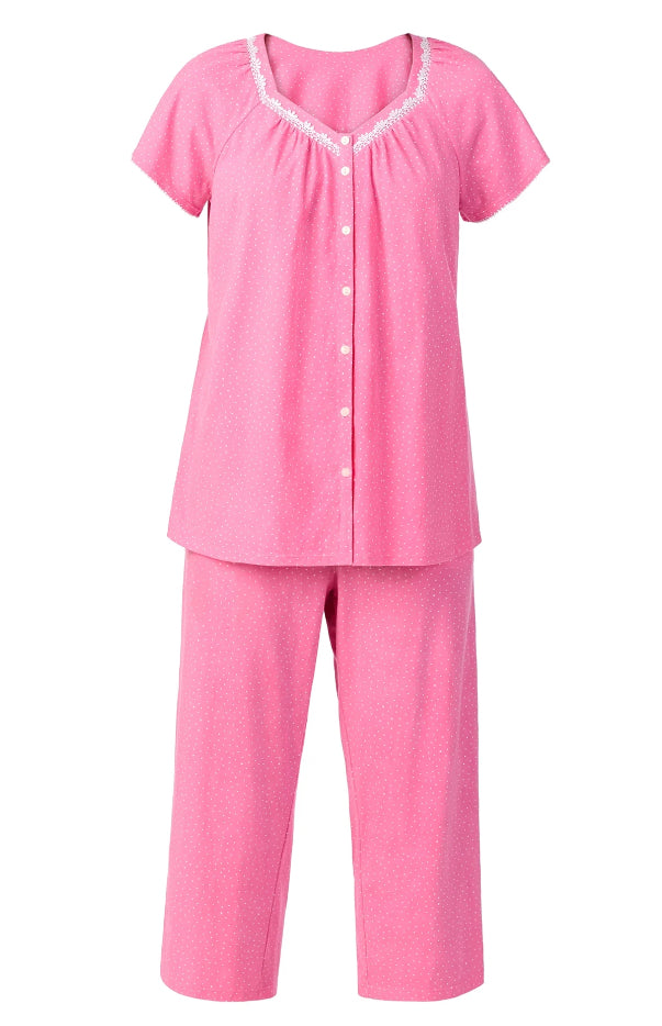 Aria Women's Short Sleeve 100% Cotton Cropped Pajama Set with Pockets.