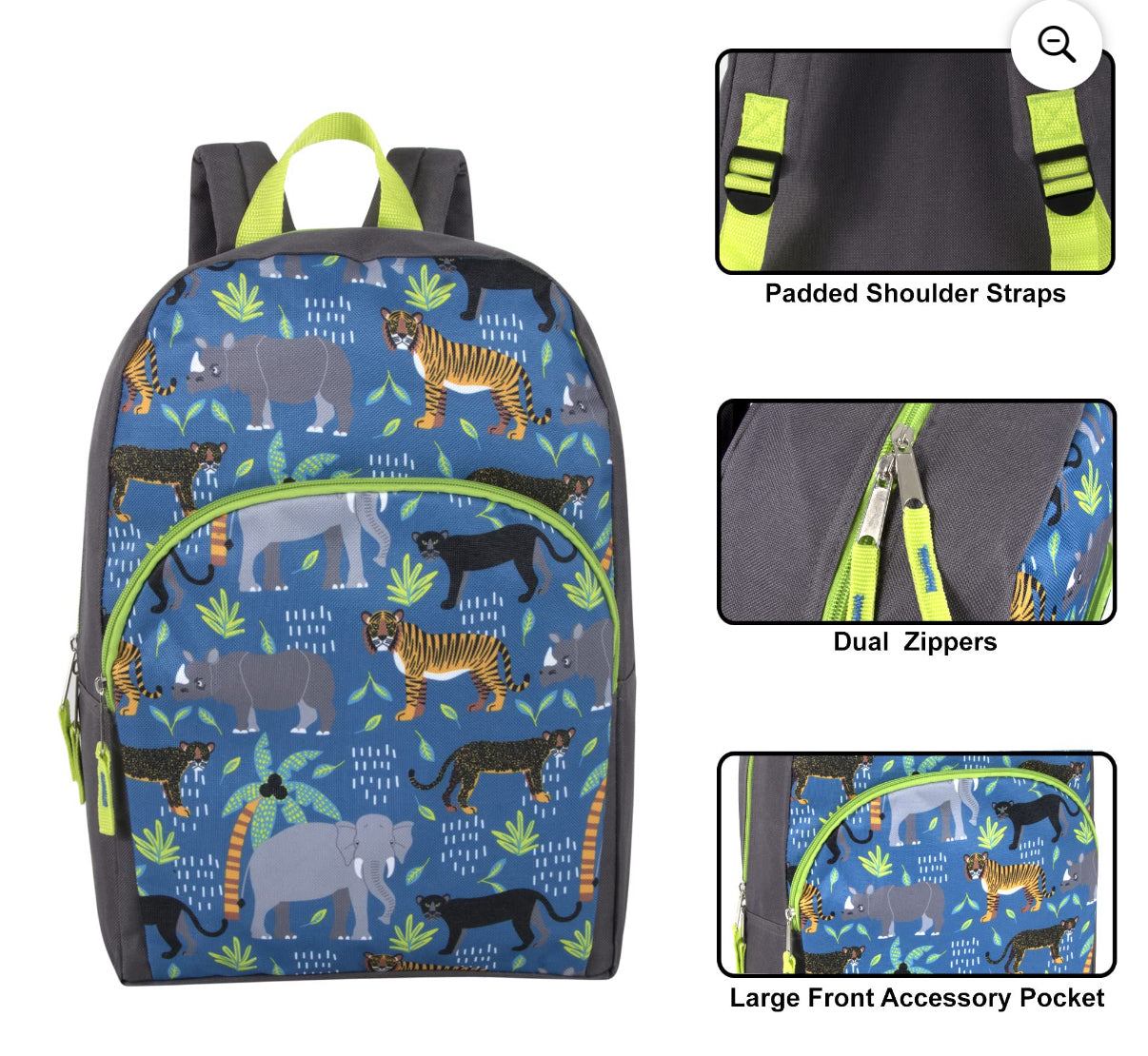 Boys 15"L Playful Printed Backpack with Padded Shoulder Straps and Front Zipper Pocket for Preschool, Kindergarten, Elementary, Camp, Traveling & Commuting in Jungle Animals