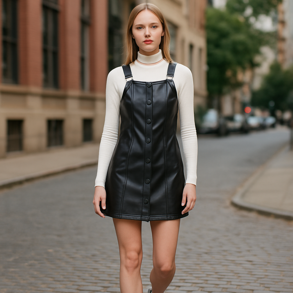 Celebrity Pink Faux Leather Pinafore Dress – Black
