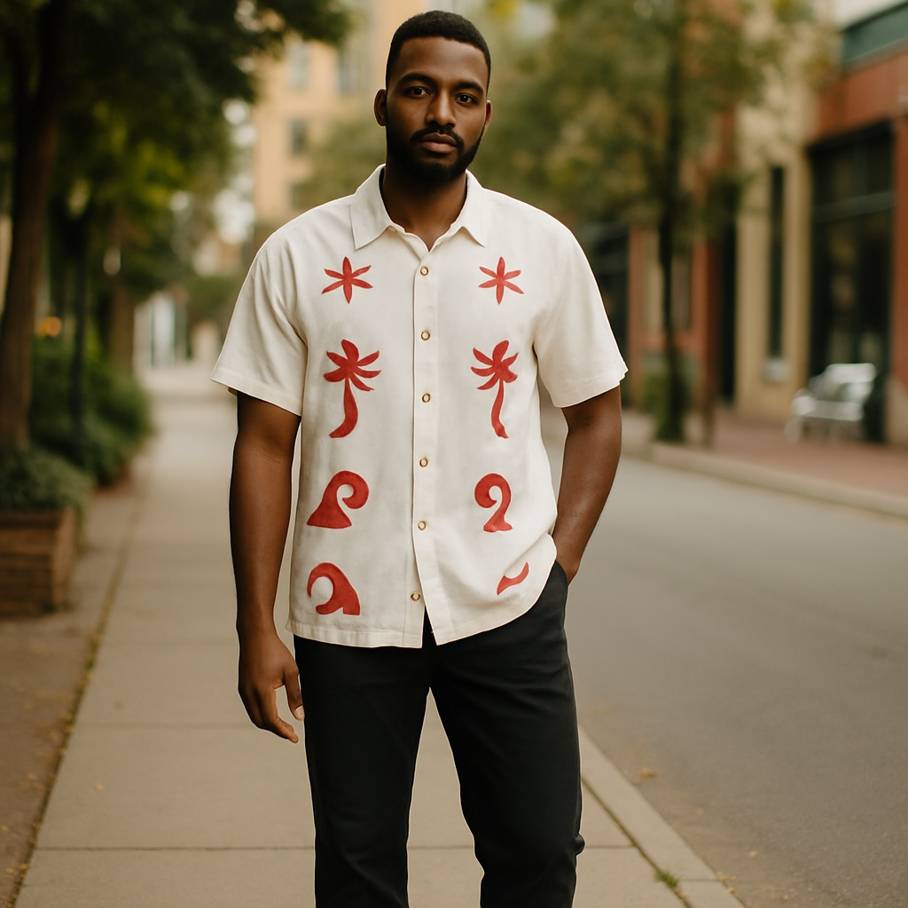 Unisex White Button-Up Shirt with Red Tribal Graphic Accents