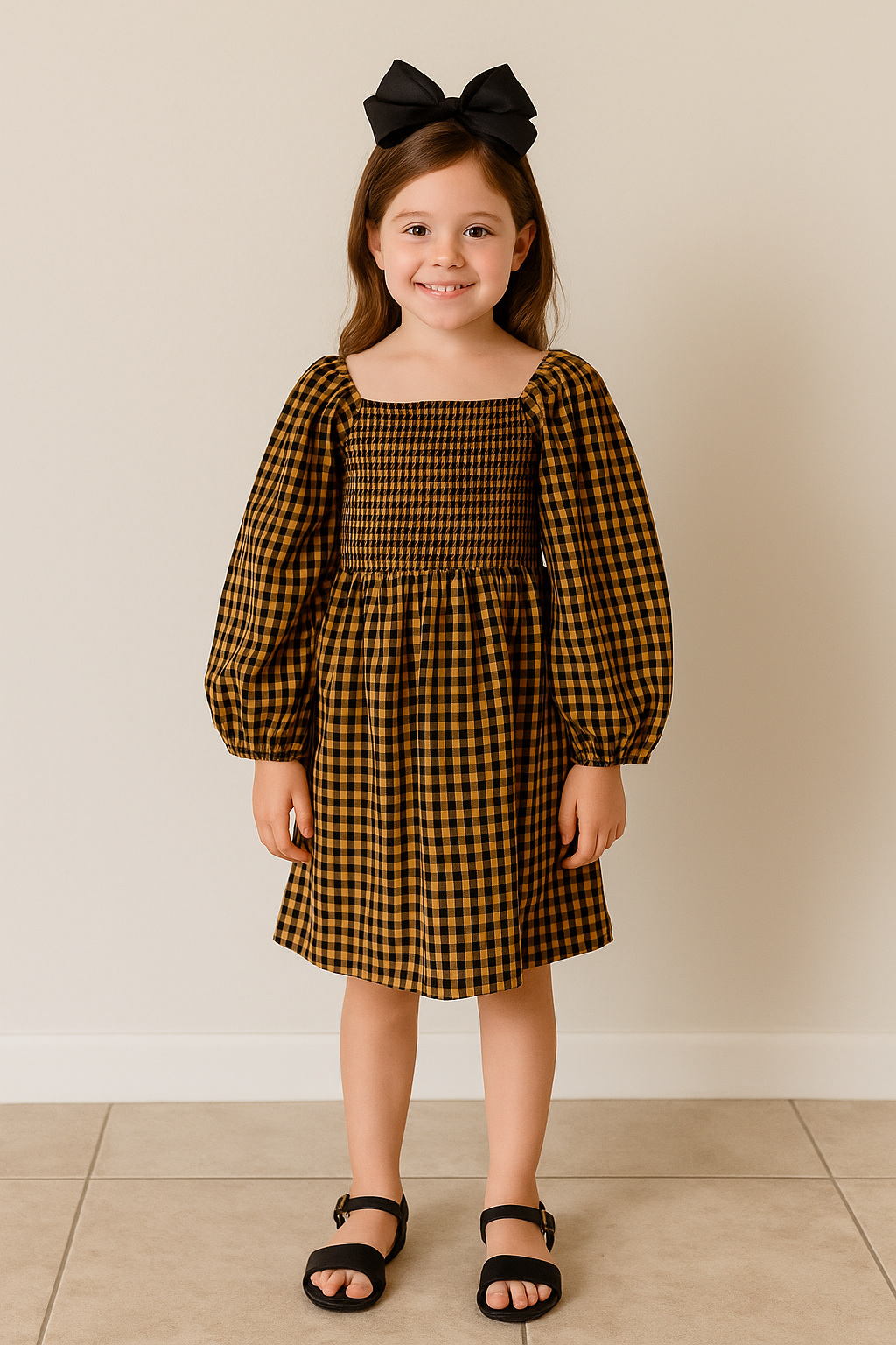 Black & Tan Gingham Puff Sleeve Dress
