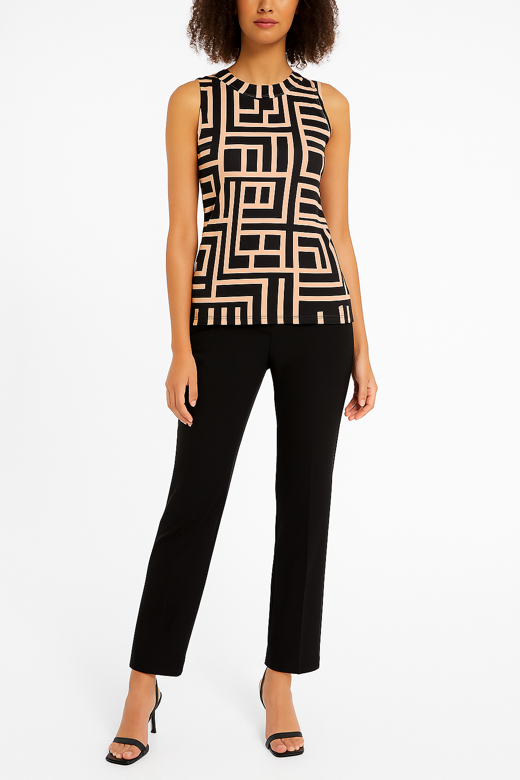 Women’s Geometric Sleeveless High-Neck Tank Top – Peach & Black Maze Print