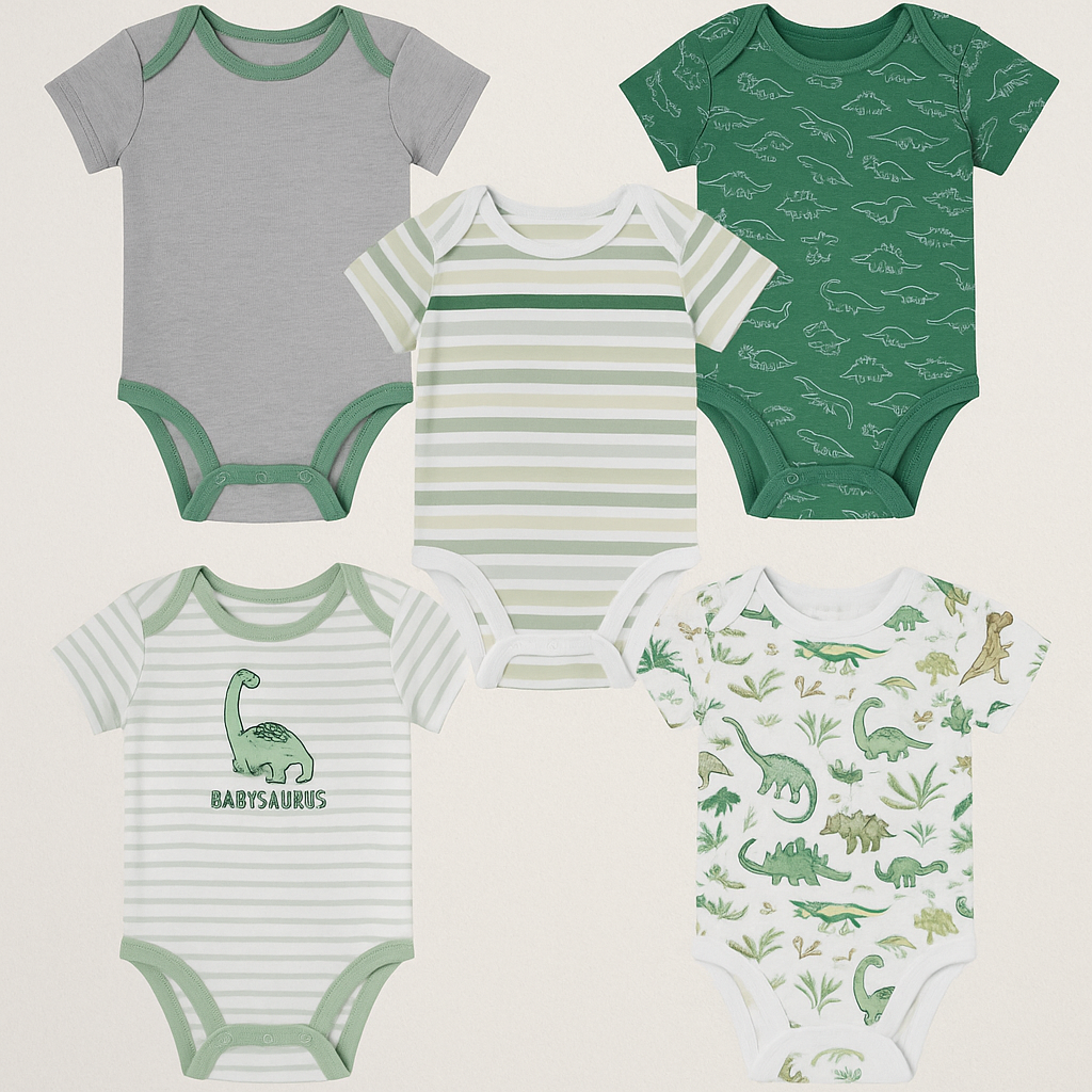 Member’s Mark 5-Pack Baby Bodysuits – (Dinosaurs & Stripes Theme)