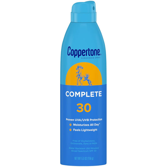 Coppertone Complete Sunscreen Spray SPF 30, Spray Sunscreen for Body, Lightweight, Water Resistant, 5.5 Oz