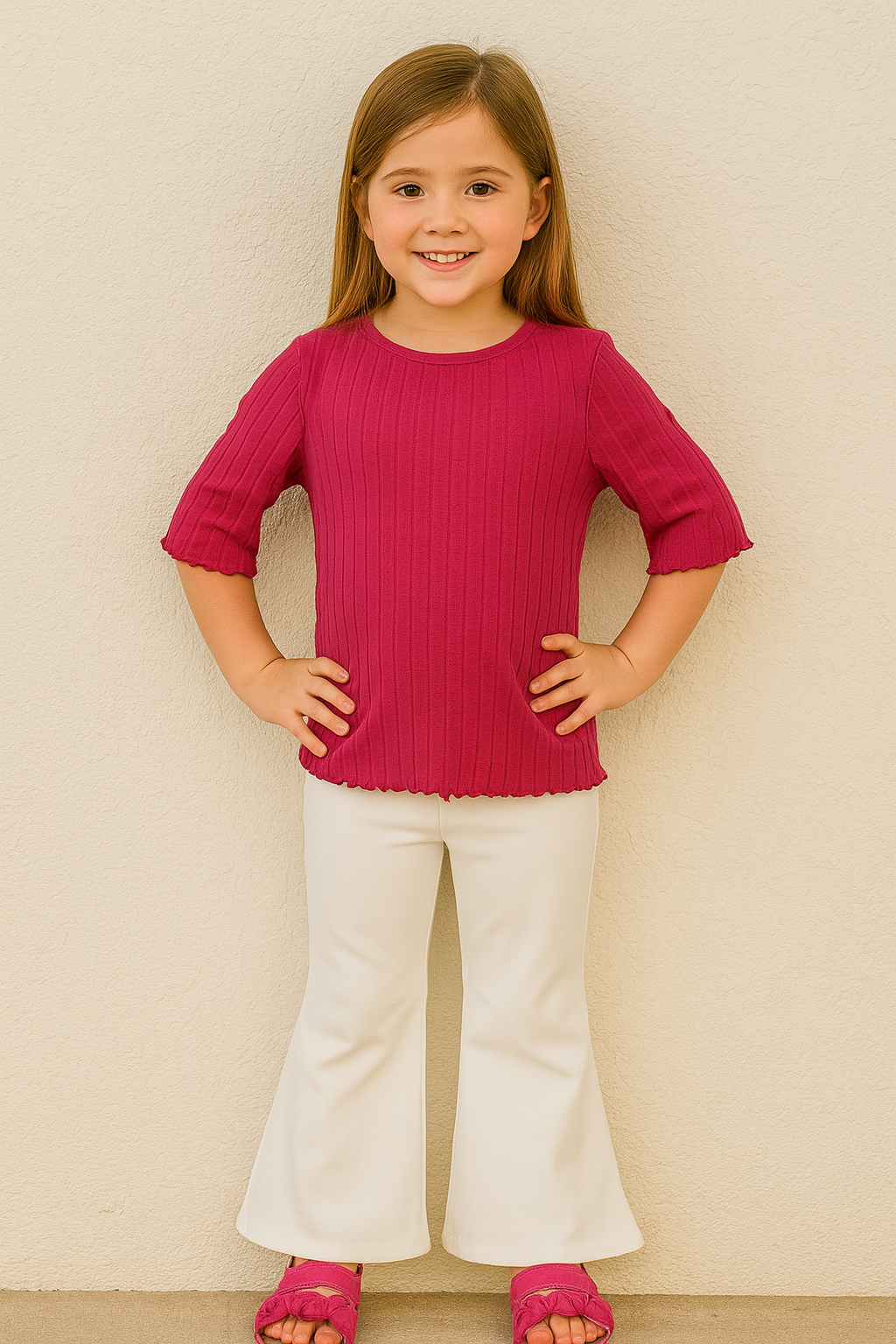 Girls’ 3/4 Sleeve Ribbed Top