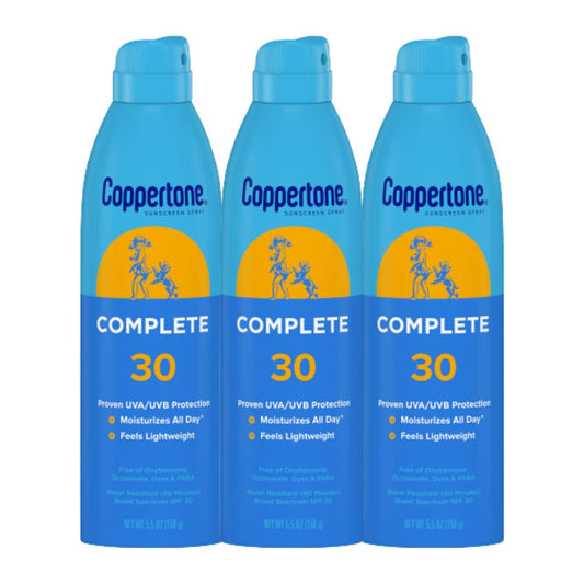 Coppertone Complete Sunscreen Spray SPF 30, Spray Sunscreen for Body, Lightweight, Water Resistant, 5.5 Oz, Pack of 3