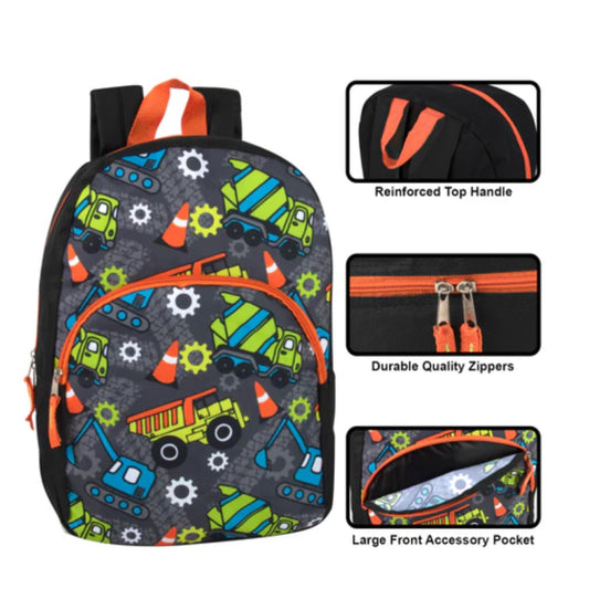 15 Inch Fun Printed Backpack with Front Zippered Pocket in Outer Truck Print
