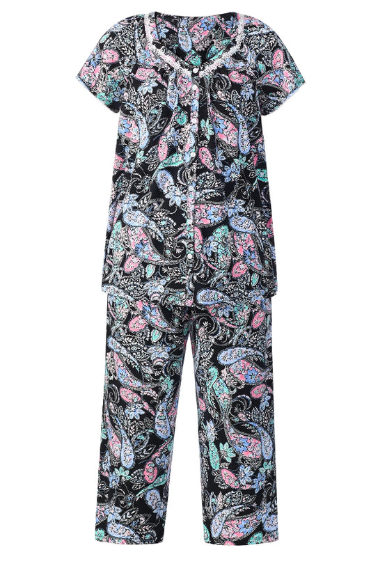 Aria Women's Short Sleeve 100% Cotton Cropped Pajama Set with Pockets.