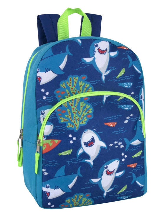 15"L Playful Printed Backpack with Padded Shoulder Straps and Front Zipper Pocket for Camp, Traveling & Commuting in Surfing Sharks