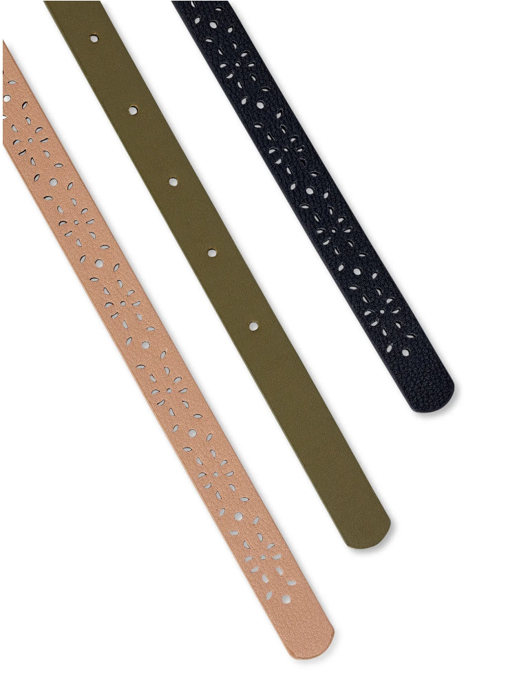 No Boundaries Women's Faux Leather 3 for 1 Basic Belts, Black/ Olive/ Tan