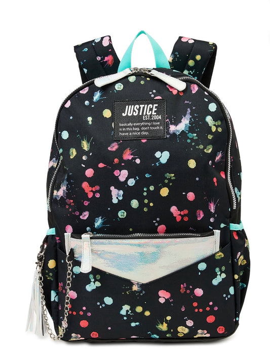 Justice Girls Backpack with Wristlet Pouch Black Splatter