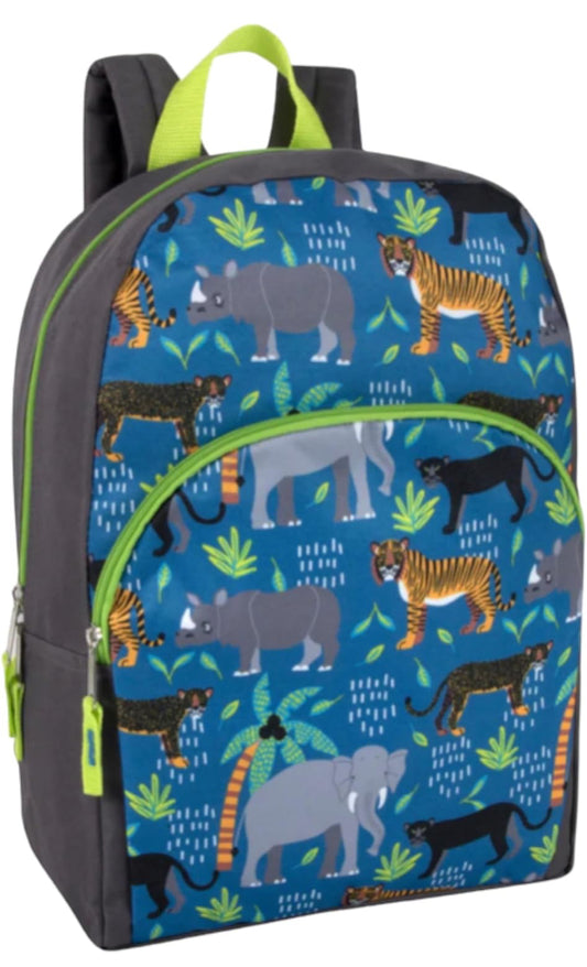 Boys 15"L Playful Printed Backpack with Padded Shoulder Straps and Front Zipper Pocket for Preschool, Kindergarten, Elementary, Camp, Traveling & Commuting in Jungle Animals
