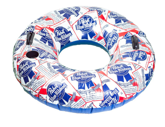 Pabst Blue Ribbon Inflatable Swim Tube Adult Ring Float for Pools Rivers Lakes, Built-in Handles and Cup Holder