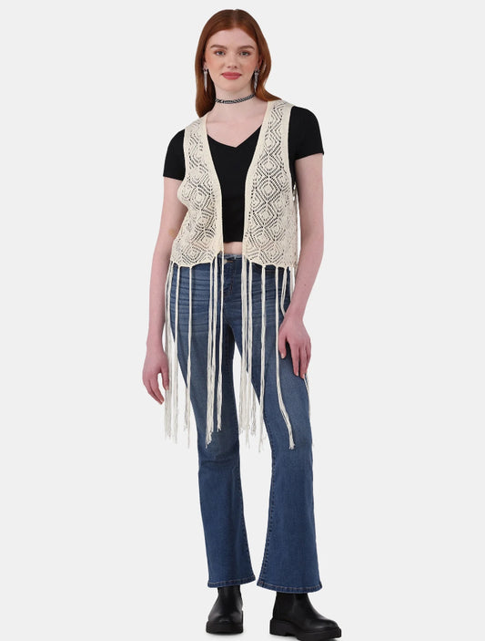 No Boundaries Women's Polyester Crochet Vest W/ Fringe.