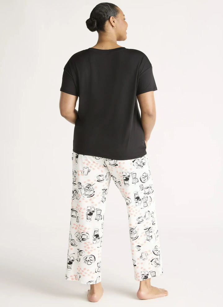 Joyspun Women's Short Sleeve Sleep Top and Open Leg Pants Pajama Set, 2-Piece.