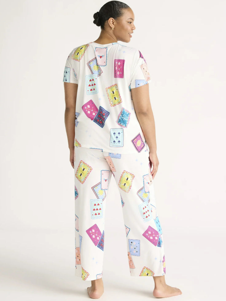 Joyspun Women's Short Sleeve Sleep Top and Open Leg Pants Pajama Set, 2-Pieces
