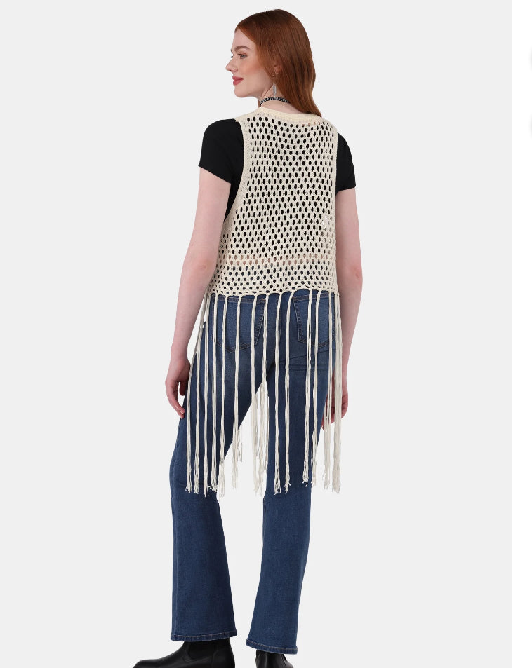 No Boundaries Women's Polyester Crochet Vest W/ Fringe.
