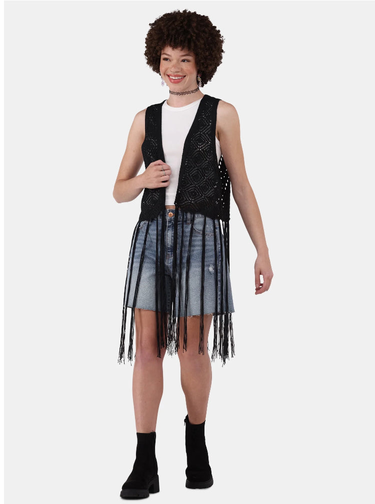 No Boundaries Women's Polyester Crochet Vest W/ Fringe.