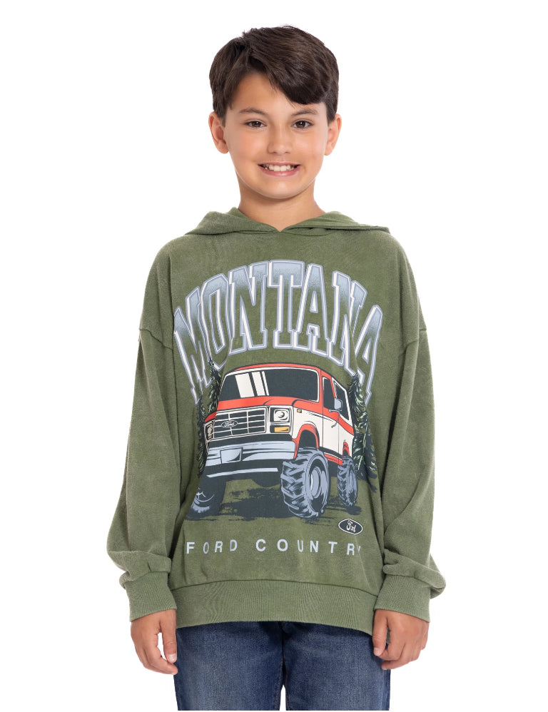 Ford Bronco Boys Retro Graphic Mineral Washed Hoodie with Long Sleeves.
