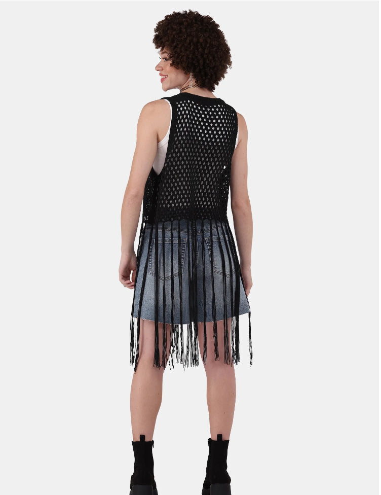 No Boundaries Women's Polyester Crochet Vest W/ Fringe.