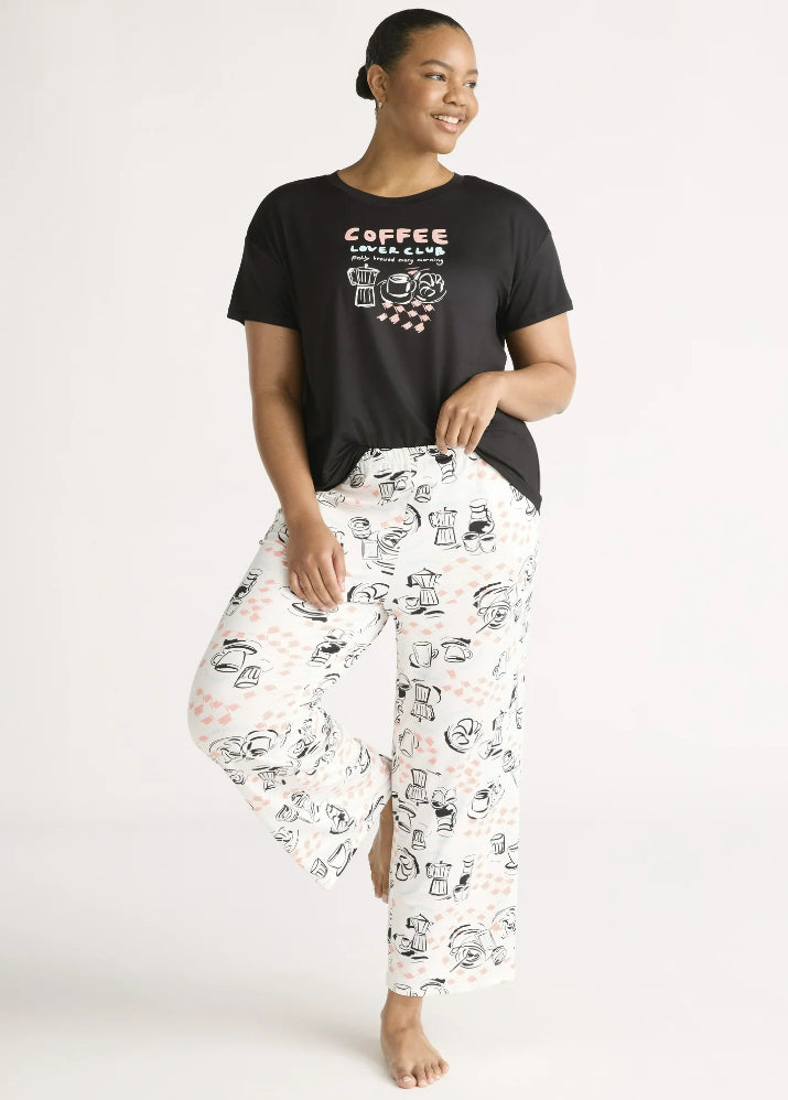 Joyspun Women's Short Sleeve Sleep Top and Open Leg Pants Pajama Set, 2-Piece.