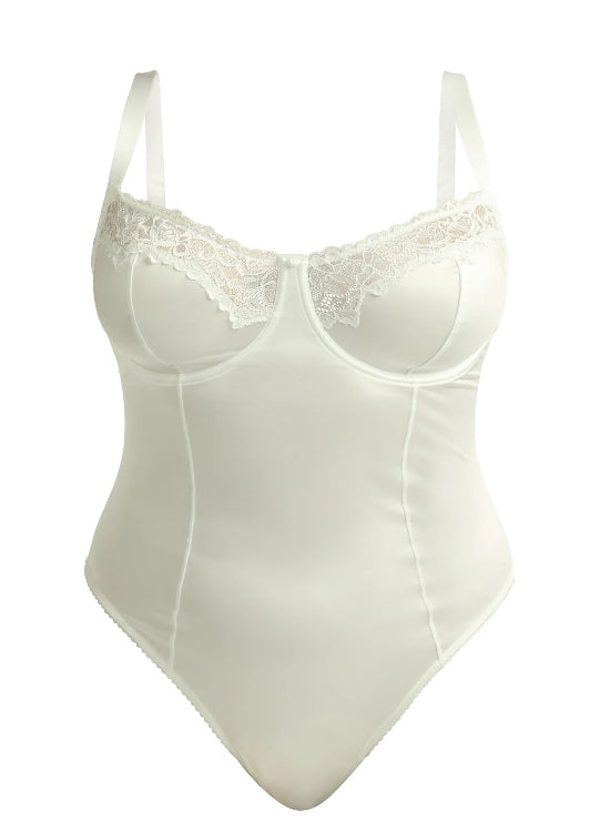 Joyspun Women's Bridal Satin Bodysuit with Lace Trim.