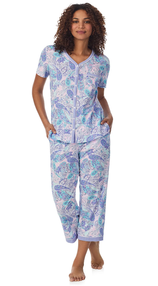 Aria Short Sleeve 100% Cotton Cropped Pajama Set with Pockets.