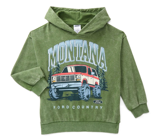Ford Bronco Boys Retro Graphic Mineral Washed Hoodie with Long Sleeves.