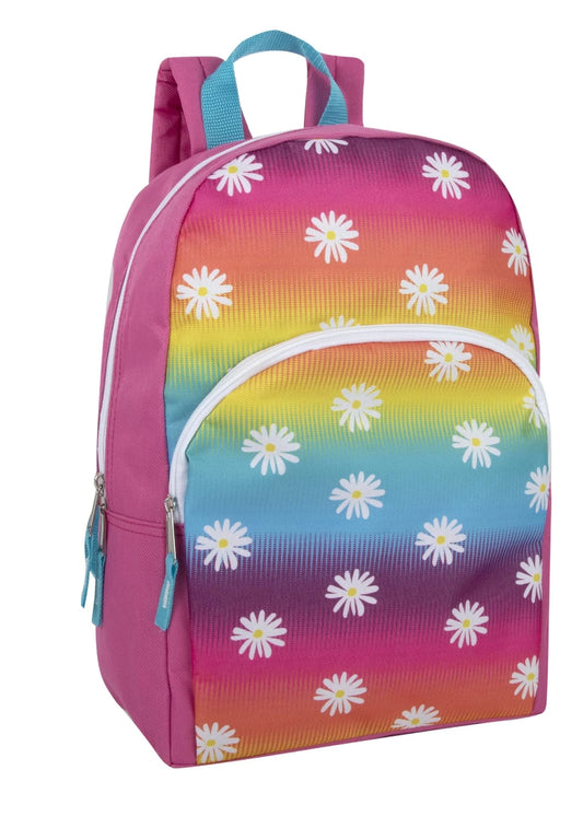 15 Inch Fun Printed Backpack with Front Zippered Pockets in Dancing Rainbow Daisies