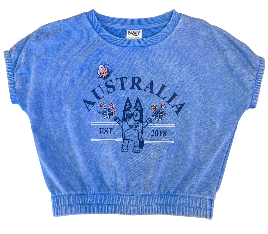 Bluey Australia Girls Embroidered Short Sleeve Graphic Top.