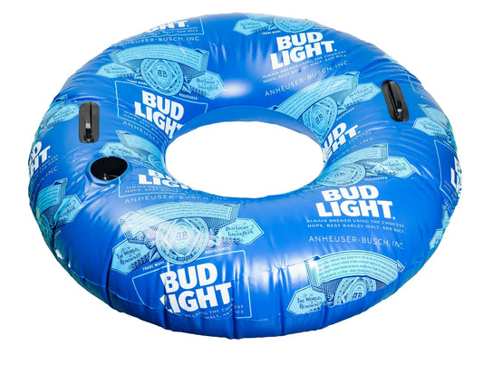 Bud Light Inflatable Swim Tube Adult Ring Float for Pools Rivers Lakes, Built-in Handles and Cup Holder