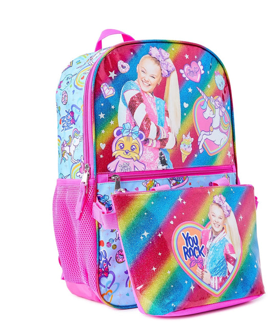 Jojo Siwa Rockin Rainbow Girls 17" Laptop Backpack 2-Piece Set with Lunch Tote Bag, Pink Multi-Color