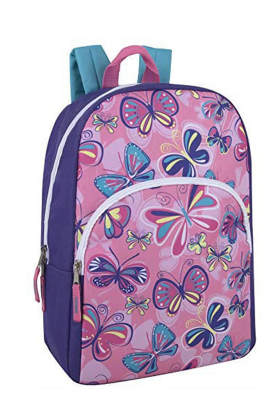 Girls 15"L Playful Printed Backpack with Padded Shoulder Straps and Front Zipper Pocket for Preschool, Kindergarten, Elementary, Camp, Traveling & Commuting in Bashful Butterflies